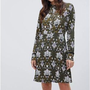 Y.A.S Green High Neck Graphic Floral Dress Large Cottagecore Knee Length Y2K